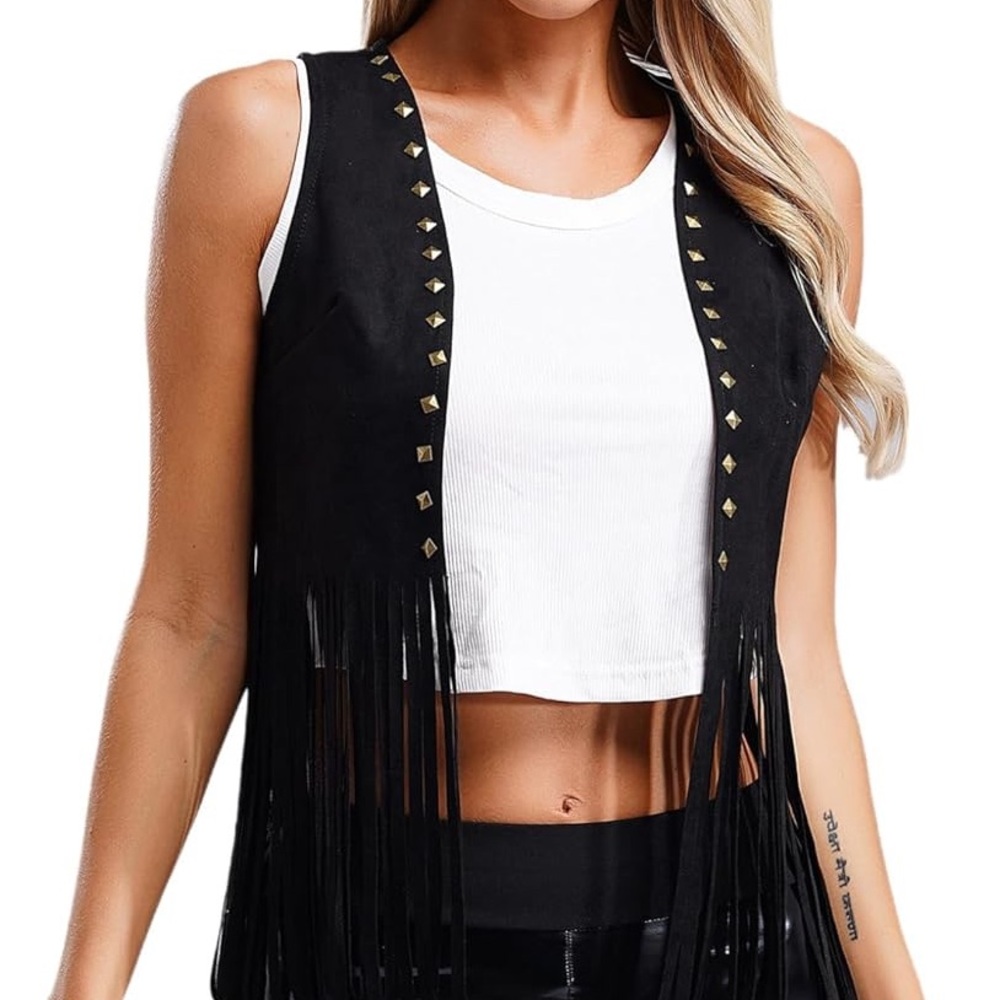 Black Fringe Vest with Gold Accents